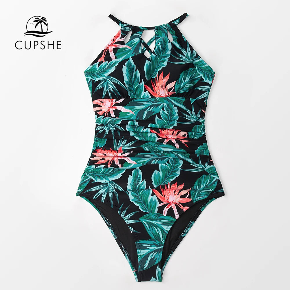 Green Floral Cutout Halter One-Piece Swimsuit