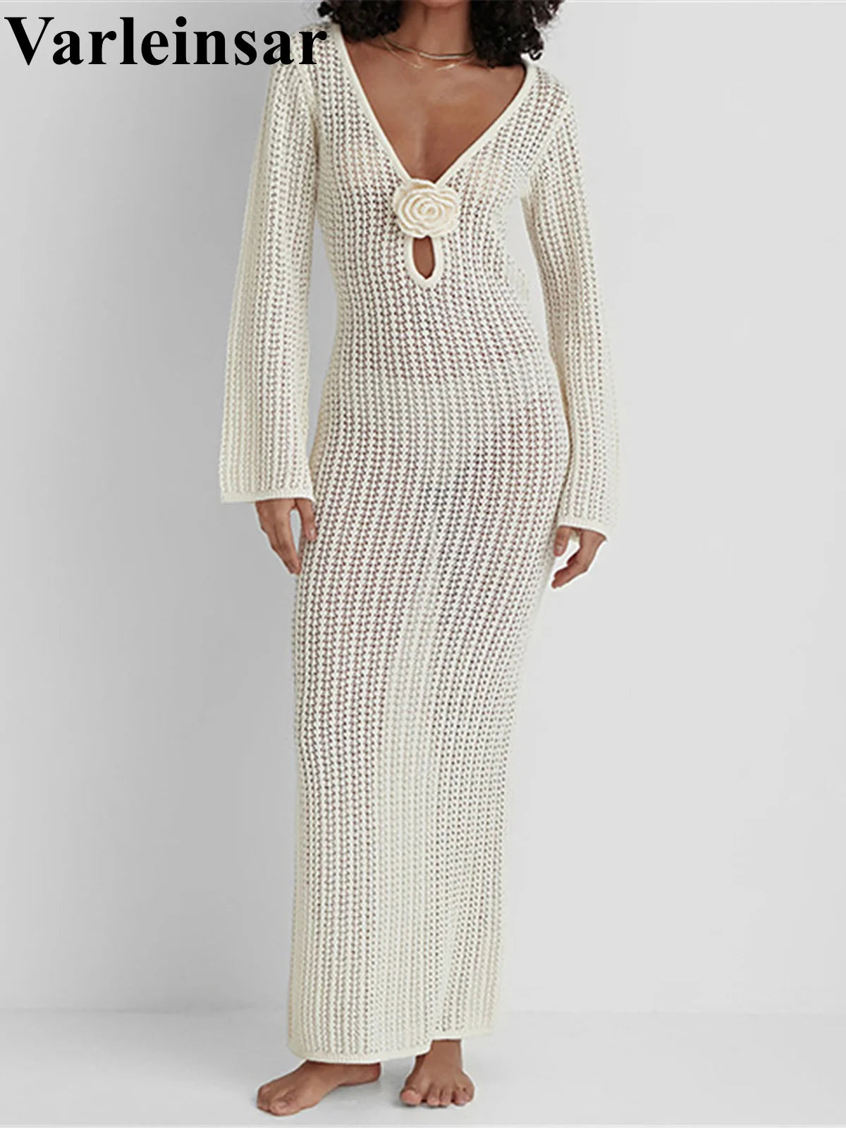 V Neck Crochet Tunic Beach Cover Up Dress