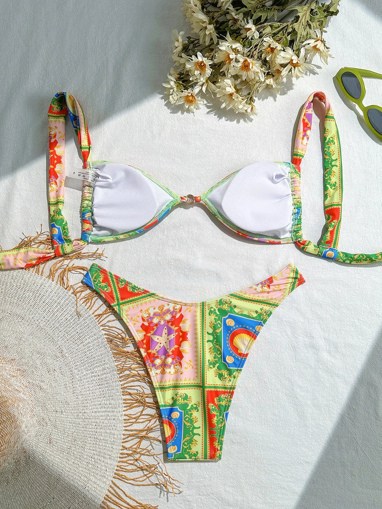 Vintage Green Floral Bikini with Sexy Metal Ring