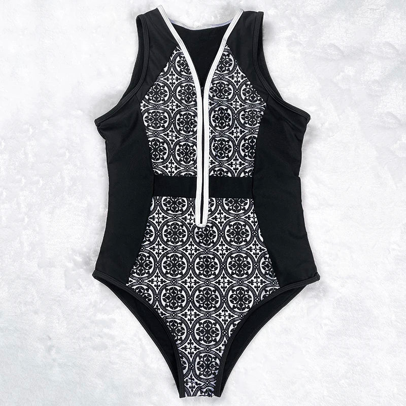 Retro Zipper One Piece Swimsuit