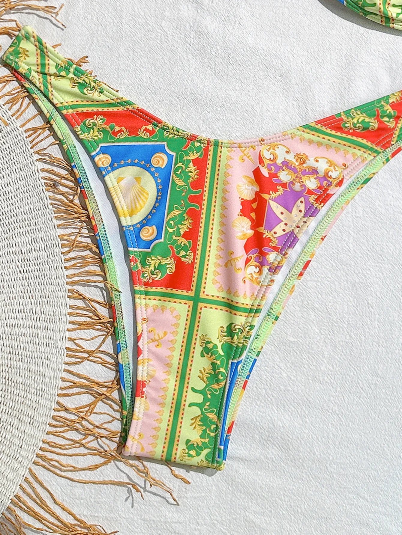 Vintage Green Floral Bikini with Sexy Metal Ring
