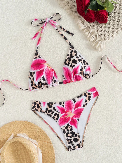 Sexy Print Backless High Waist Bikini Set