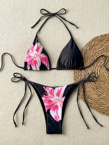 Sexy Print Backless High Waist Bikini Set