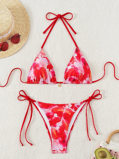 Sexy Print Backless High Waist Bikini Set