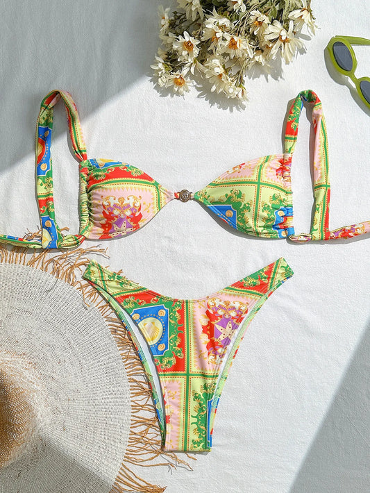 Vintage Green Floral Bikini with Sexy Metal Ring