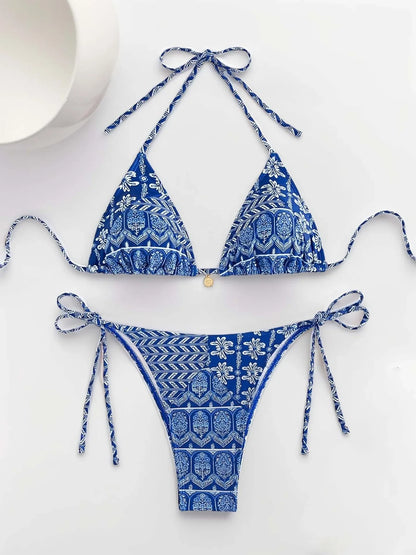 Sexy Print Backless High Waist Bikini Set