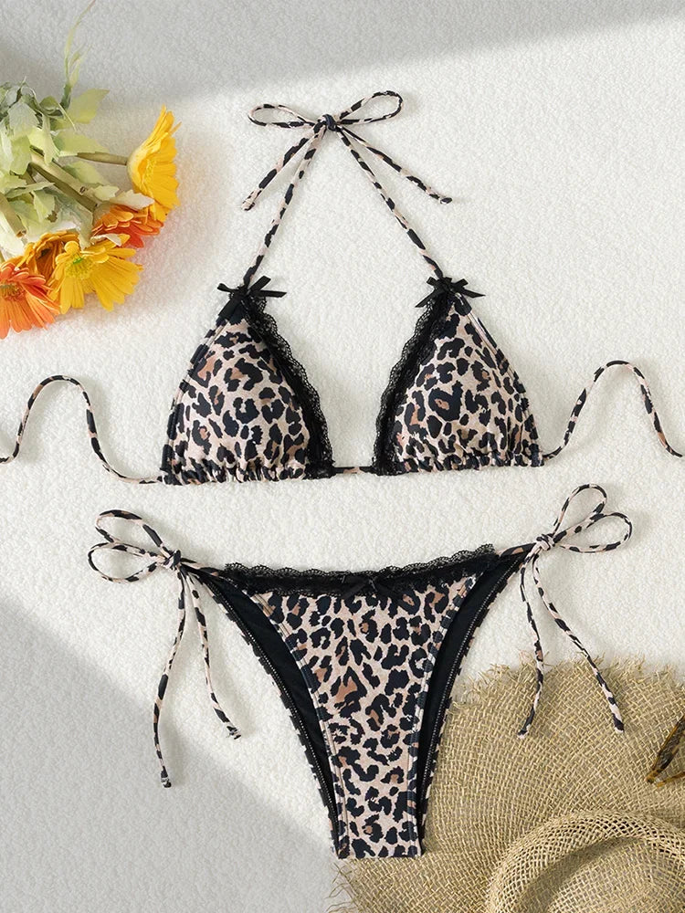 Sexy Print Backless High Waist Bikini Set