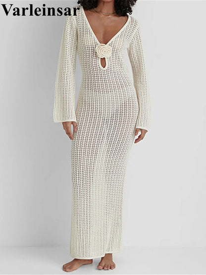V Neck Crochet Tunic Beach Cover Up Dress