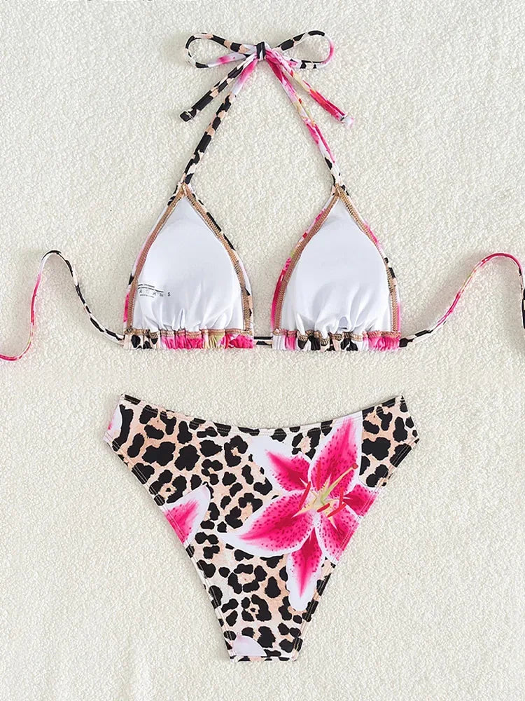 Sexy Print Backless High Waist Bikini Set
