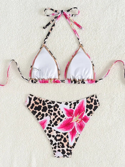Sexy Print Backless High Waist Bikini Set