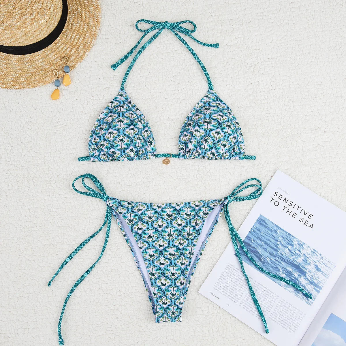 Sexy Print Backless High Waist Bikini Set