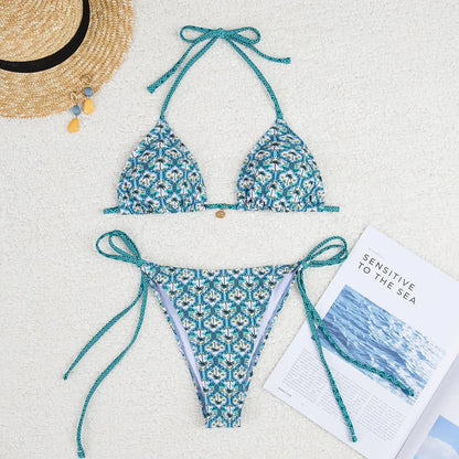 Sexy Print Backless High Waist Bikini Set